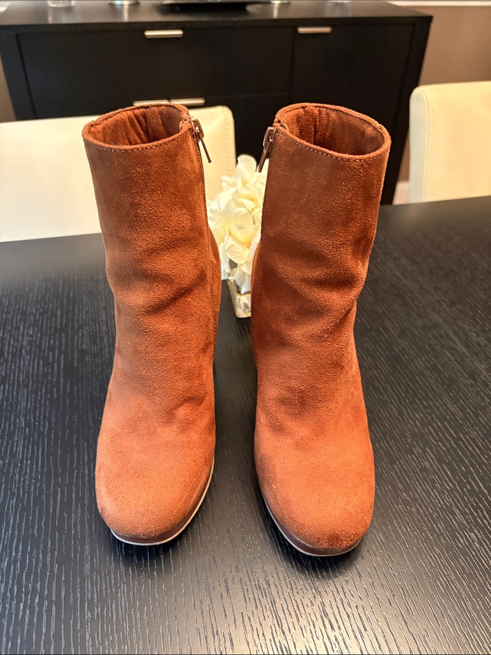 Suede Zip-Back Ankle Boots in Rust Brown